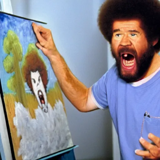 Image similar to bob ross screaming at his painting