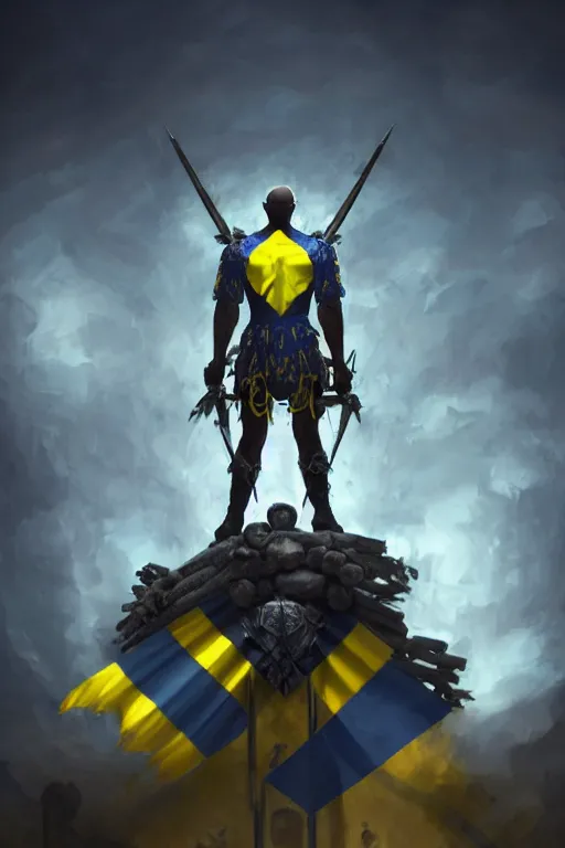 Image similar to a distant shot of a Ukrainian super soldier with blue and yellow flag behind him and a trident symbol on the chest standing alone on a huge pile of skulls posing as a winner in a beam of light from the cloudy sky, masculine muscular figure, D&D, fantasy, intricate, elegant, highly detailed, extremely detailed, digital painting, artstation, concept art, matte, smooth, hyper realistic, sharp focus, illustration, art by Artgerm and Greg Rutkowski and Alphonse Mucha