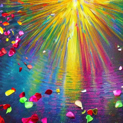 Image similar to waterfall with water full of broken mirror pieces and tiny colorful flower petals, bright saturated colors, scintillating lens flares and colorful sparks, trending on ArtStation, beautiful!!! stunning!!! waterfall, impressionistic oil on canvas