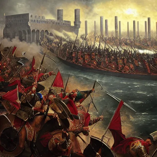 Image similar to The fall of Constantinople, battle of 1453, conquest by Sultan Mehmed II, Ottoman Empire, soldiers charging into battle screaming fiercely by Greg Rutkowski, Thomas Kincade detailed 4k cinematic