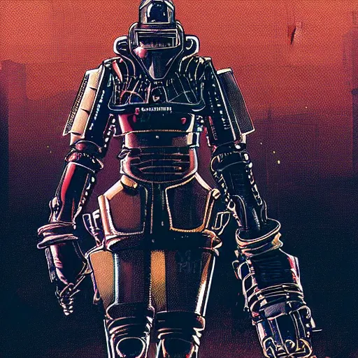 Image similar to a retrofuturism robot hunter from bloodborne in yharnam, style by retrofuturism, faded red and yelow, by malcolm smith