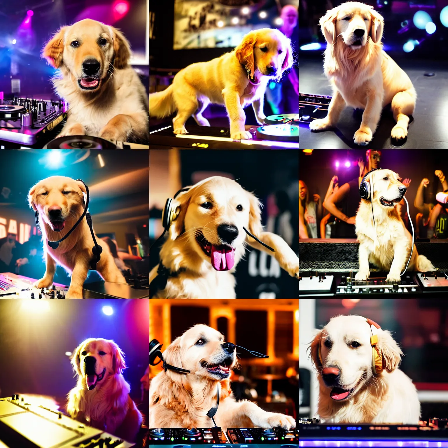 Prompt: a photograph of a DJ golden retriever dog, playing at a nightclub, wearing headphones