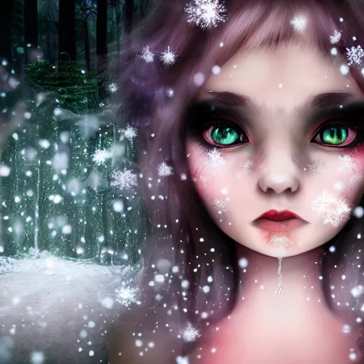 Image similar to focus face portrait of beautiful darkness witch 3D anime girl, dark forest background, snowing, bokeh, inspired by Tim Burton, digital painting, high contrast, unreal engine render, volumetric lighting, high détail