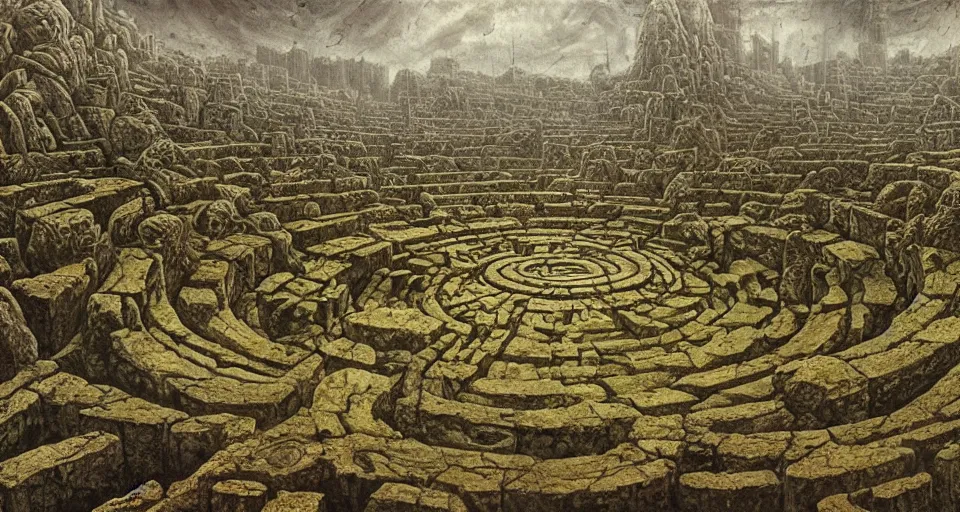 Prompt: ancient greek overgrown labyrinthwith with an gigantic ancient altar in the center, by giger, durer, beksinski, retro sci - fi movie, highly detailed, lush, intricate, photorealistic, illustration, matte painting, 8 k, beehance