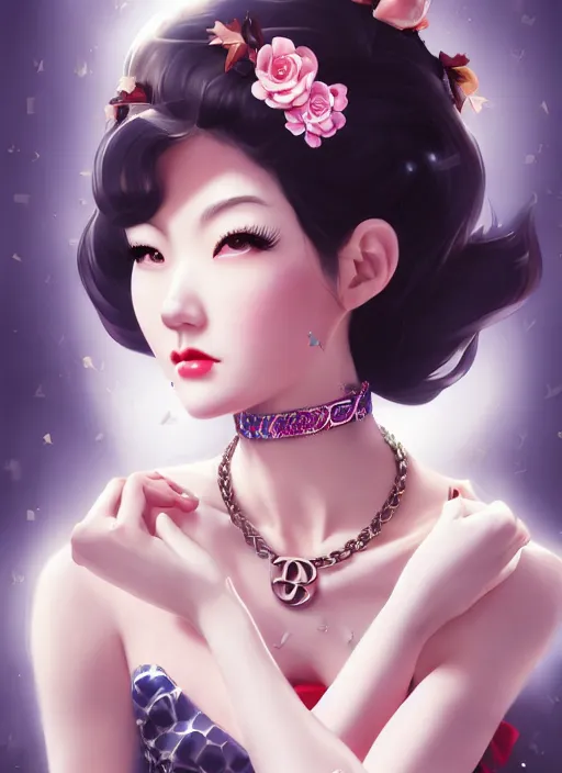 Image similar to a pin up and beautiful fashion dreamlke japan girl with lv jewelry, character art, art by artgerm, wlop, loish, hyperdetailed, 8 k realistic, symmetrical, global illumination, radiant light, frostbite 3 engine, cryengine, dof, trending on artstation, digital art, chanel, dior, detailed background