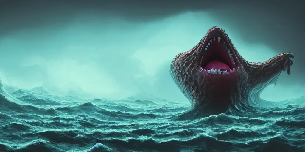 Prompt: of a sinuous stormy ocean with large strange happy creatures with big mouth, long tongue, and square teeth appearing from the hazy waters, in the style of antonio berni, macro lens, shallow depth of field, highly detailed, digital painting, trending artstation, concept art, illustration, cinematic lighting, vibrant colors, photorealism, epic, octane render