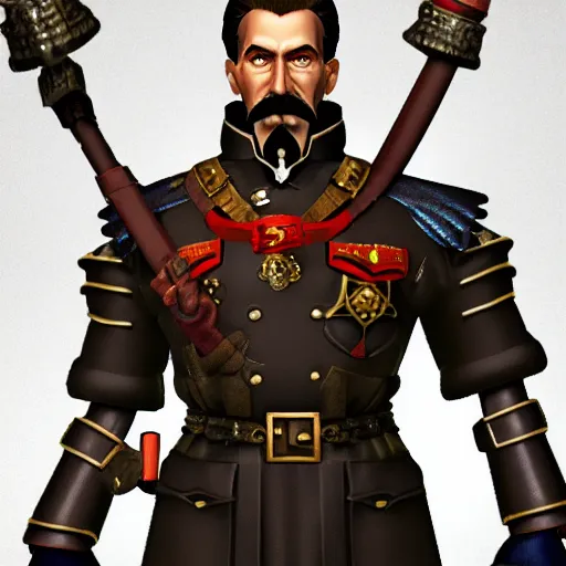 Image similar to PSX JRPG highly stylized Portrait of Stalin in a Steampunk Knight uniform, trending on artstation, octane render, unreal