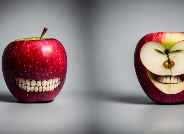 Image similar to photo still of an apple with human teeth, 8 k, studio lighting, 8 5 mm f 1. 8