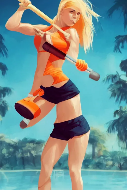 Image similar to a beautiful, very fit woman with long blonde hair wearing a short white crop top and short orange athletic shorts stands by a swimming pool, flexing with a baseball bat, face forward, in the style of artgerm, trending on artstation