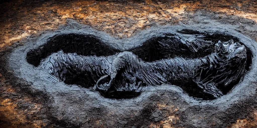 Prompt: a black ferrofluid lioness made of ferrofluid bathing inside the tar pit, full of tar, covered with ferrofluid. dslr, photography, realism, animal photography, color, savanna, wildlife photography