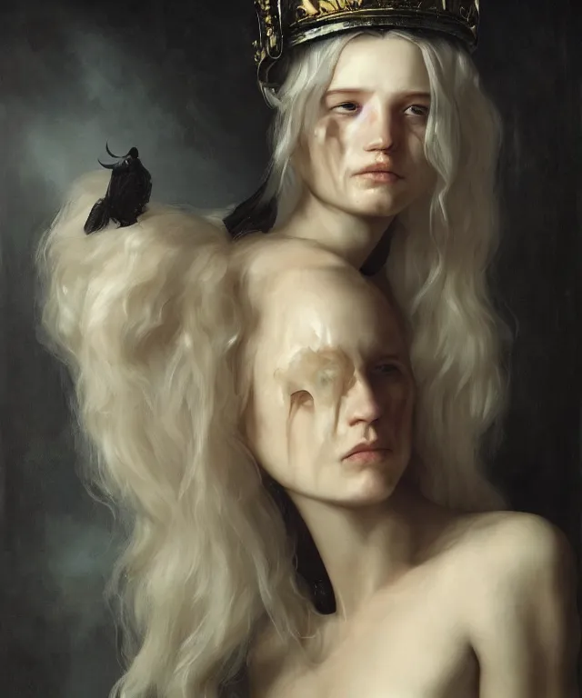 Prompt: the portrait of ( ( ( ( ( hunter schafer ) ) ) ) ) in black wax crown by roberto ferri, dark fantasy, witcher, very detailed oil painting, masterpiece, 8 k