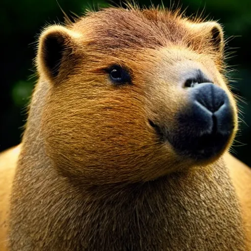 Image similar to a high detail photo of an antropomorphic capybara wearing a suit, subject= duck, subject detail: wearing a suit, photorealism