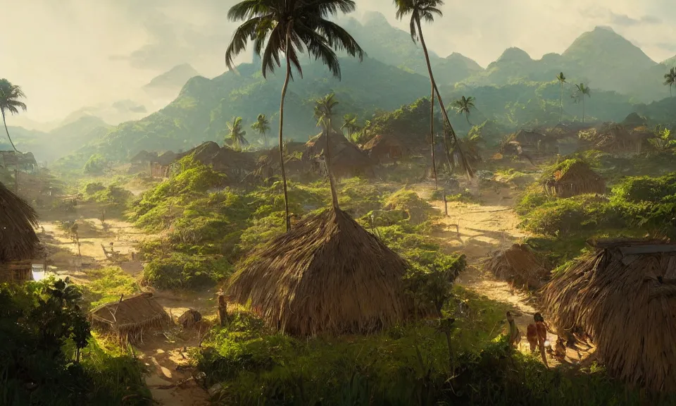 Prompt: Impoverished Hawaiian village, Greg Rutkowski, National Geographic, ArtStation, Deviantart, HD screenshot