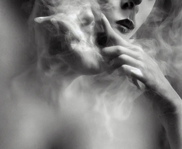 Prompt: mysterious and sensual scene of human transformation. 35mm double-exposure photo, slightly erotic, deep shadows, german expressionism, warm sepia, slightly colorful, photorealistic, detailed smoke, natural bones and skin, natural textures, depth of field, ambient occlusion, motion blur, HD, masterpiece, volumetric, chromatic aberration by Richard Avedon, style of Ade Santora, perfect composition, masterpiece, intricate detailed