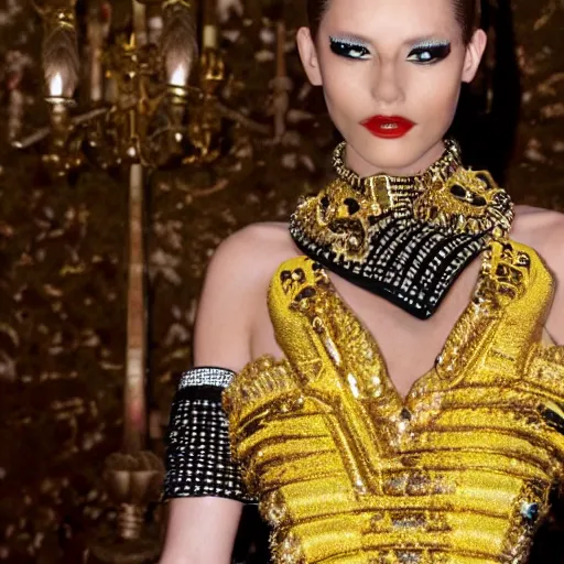 Prompt: close up of female movie star of with avant - garde dress, official versace editorial, highly detailed