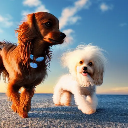 Prompt: a photorealistic closeup photograph of a cute brown colored long haired chihuahua cocker spaniel dog plays with a smiling white bichon frise puppy on the beach. sunset, surf, brightly lit scene. fine detail. nice composition. 4 k hd unreal engine