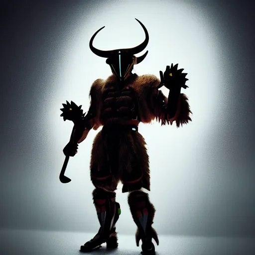 Image similar to wide shot, photo of a goat head, a huge humanoid goat-man with a katana, in a heavy futuristic armour without a helmet, hyper realistic, hyper detailed, coherent photo, trending on artstation, cyberpunk, Japanese style, volumetric lightning, neon, electric colours, Cinematic, Dramatic, Film Grain, Kodak Portra, Depth of Field, 15 mm octane render, 4k, raytracing, blender
