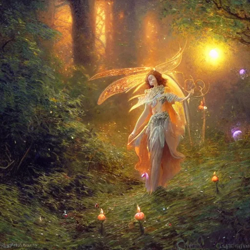 Image similar to attractive, fairy, in the night, fantasy, crescent moon in background, luminous, toadstools, fireflies, fantasy, highly detailed painting by gaston bussiere, craig mullins, j. c. leyendecker, mid shot, 8 k realistic, sharp focus