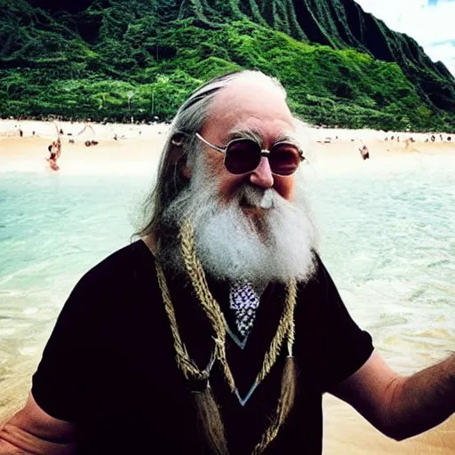 Prompt: instagram vacation photo of dumbledore in swim trunks at hawaii