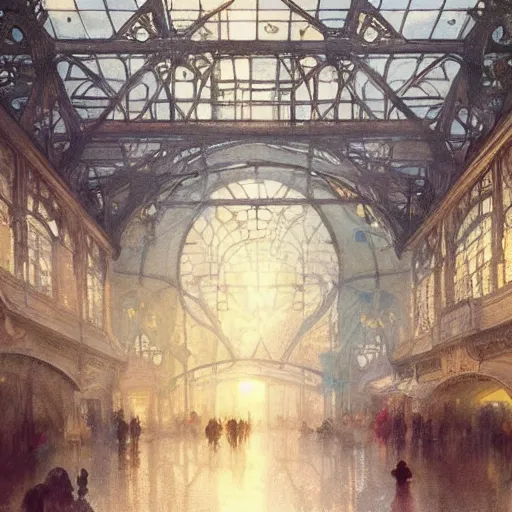 Image similar to a beautifull intricate watercolour painting of a train station, reflexions, verry high details by william turner art, greg rutkowski and alphonse mucha, trending on artstation, very very detailed, masterpiece, muted colors