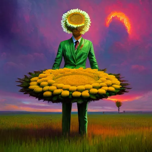 Image similar to giant daisy flower head, frontal, girl in a suit, surreal photography, sunrise, dramatic light, impressionist painting, digital painting, artstation, simon stalenhag