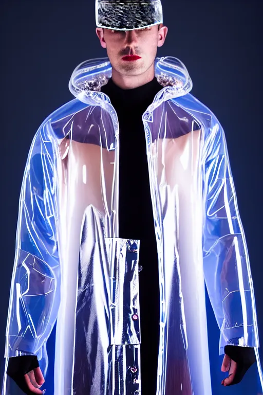 Image similar to an ultra high definition professional high fashion portrait studio full length photograph of a male model wearing a transparent pearlescent raincoat and neon visor in an icelandic black rock environment at dawn. no artefacts. extremely detailed. stark. refraction. shallow depth of field. volumetric light and shadow. ray tracing. light rays.