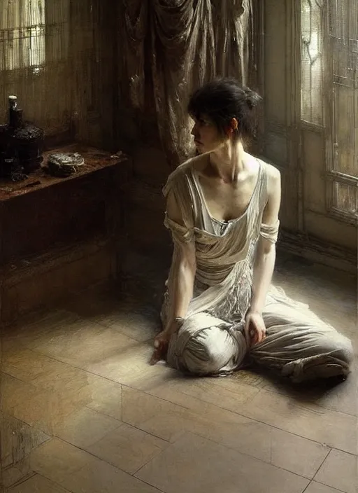 Image similar to a beautiful woman sitting in the floor, inside a modern apartment, intricate oil painting, hyperdetailed, ominous, ethereal, dramatic lighting, by jeremy mann and ruan jia and lawrence alma - tadema