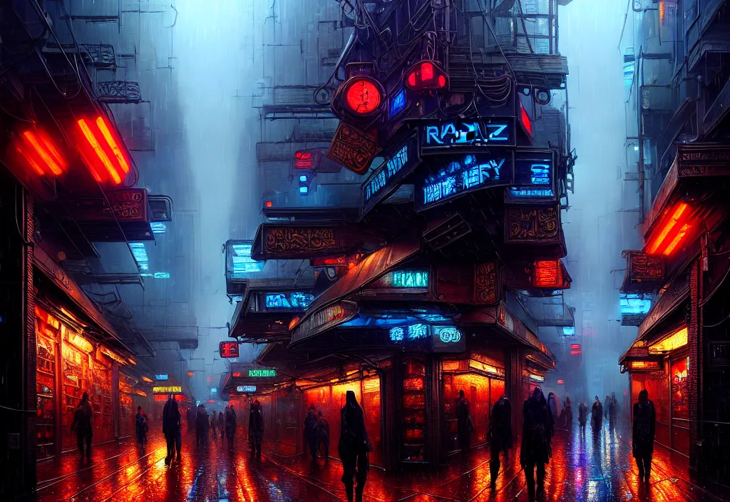 Prompt: a highly detailed rainy bazaar street in a cyberpunk megacity, amazing cyberpunk digital painting, by gerald brom, brom digital art, intricate details, ultra realistic, beautiful art, volumetric lighting, ultrarealistic, by art germ, by brom, trending cgsociety, artstation, bladerunner theme, by anato finnstark 8 k