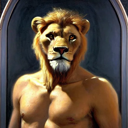 Image similar to a portrait of an anthromorphic lionman. highly detailed painting by gaston bussiere, craig mullins, j. c. leyendecker, furry