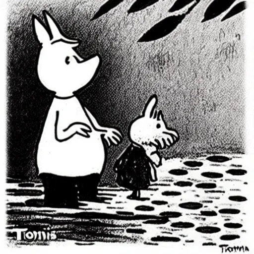 Image similar to moomins, ink, by tove jansson