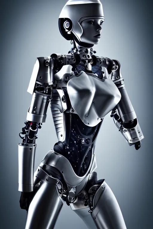Image similar to cybernetic ultra high tech female knight, sci - fi, fantastics, high tech, futurism, exoskeleton, symmetry, cinematic, elegant, luxury, perfect light, perfect composition, dlsr photography, sharp focus, 8 k, ultra hd, sense of awe, highly detailed, realistic, intricate, science journal cover