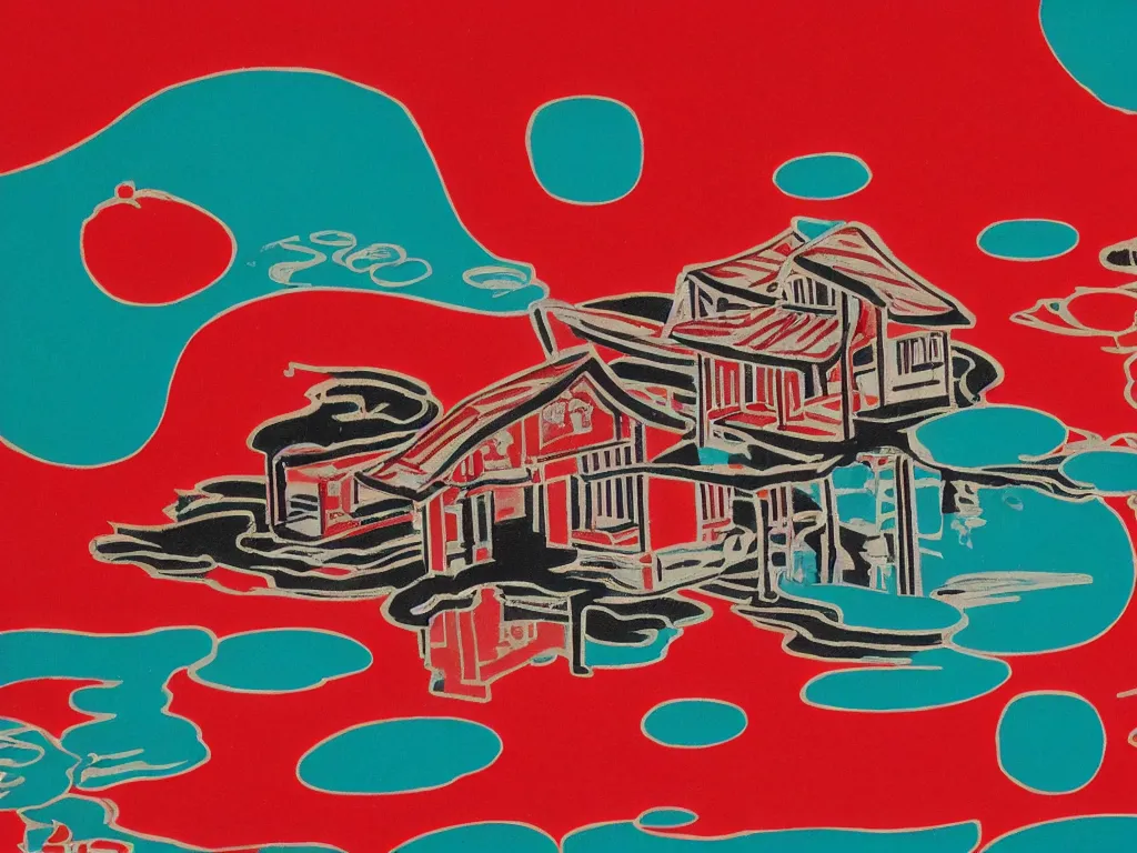 Image similar to close - up image of a red house with a pond, with stormtroopers sitting around it, a combination of pop - art and traditional japanese painting styles, the style of andy warhol, roy lichtenstein and jackie tsai, bright palette, acrylic on canvas