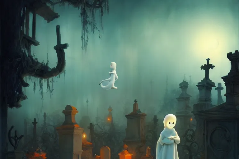 Image similar to casper the friendly ghost flying over a graveyard at midnight, playing with his ghost friends, cinestill, painted by james jean and gaston bussiere, very detailed and cute and cozy and transparent, backlight, fog, mist, trending on artstation