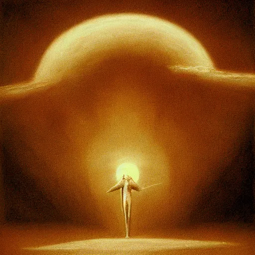 Prompt: an apocalypse angel in front of a dying sun a crowd of people looking at him by zdzisław beksiński, Trending on artstation