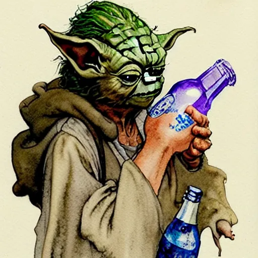 Image similar to a realistic and atmospheric watercolour fantasy character concept art portrait of a sleazy homeless chibi yoda wearing a wife beater drinking out of a broken bottle, by rebecca guay, michael kaluta, charles vess and jean moebius giraud