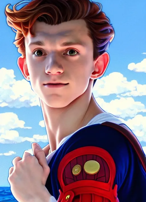 Image similar to cute tom holland wearing white sailor outfit on a steam boat, natural lighting, path traced, highly detailed, high quality, digital painting, by don bluth and ross tran and studio ghibli and alphonse mucha, artgerm