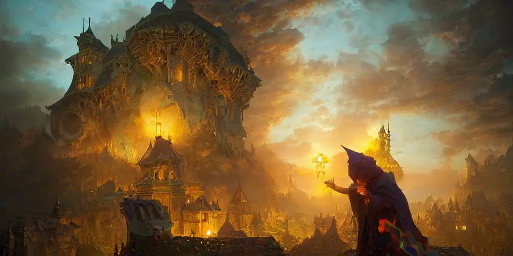 Prompt: powerful wizard casting a powerful spell on a village, beautiful composition, wide angle, colorful, cinematic, volumetric lighting, intricate details painting, by art germ, by greg rutkowski