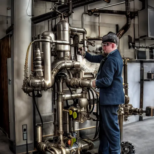 Image similar to A random pointless contraption ((((steampunk)))) industrial appliance pneumatic machine with no apparent purpose, being operated by a scholarly looking man with a clear directed gaze, XF IQ4, f/1.4, ISO 200, 1/160s, 8K, RAW, unedited, symmetrical balance, in-frame