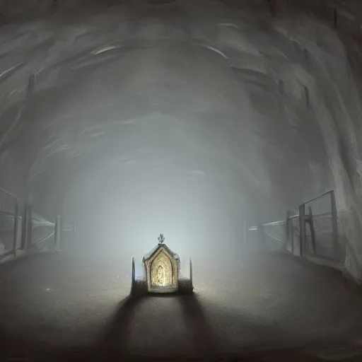 Image similar to underground cavernous necropolis with a lone beam of light illuminating it, digital painting, cinematic lighting, brown tint, gloomy, photorealistic