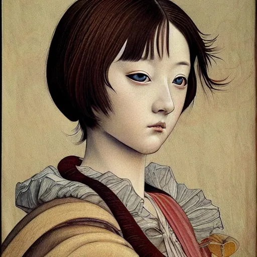 Prompt: prompt: Portrait painted in renaissance style drawn by Katsuhiro Otomo, inspired by Fables, china doll face, smooth face feature, intricate oil painting, high detail, sharp high detail, manga and anime 2000