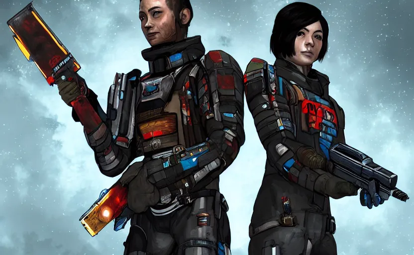 Image similar to friendship isaac clarke from dead space with morgan yu from prey ( 2 0 1 7 ), digital art