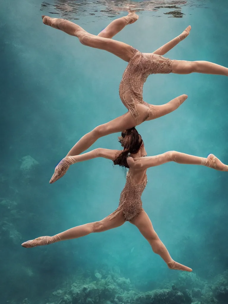 Prompt: a beautiful hyperdetailed rendering of a extremely cohesive underwater ballerina lyrical dancer weightless and drowning, ultrawide angle, aquasixio