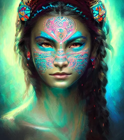 Prompt: beautiful intricate exquisite mayan princess realistic face, beautiful eyes, neon colors, drawing, in the style of greg rutkowski, fantasy, amazing detail, epic, intricate, elegant, smooth, sharp focus