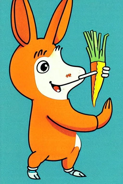 Prompt: by richard scarry. happy donkey eating a carrot. a 1 9 7 0 s retro illustration. studio ghibli. muted colors, detailed