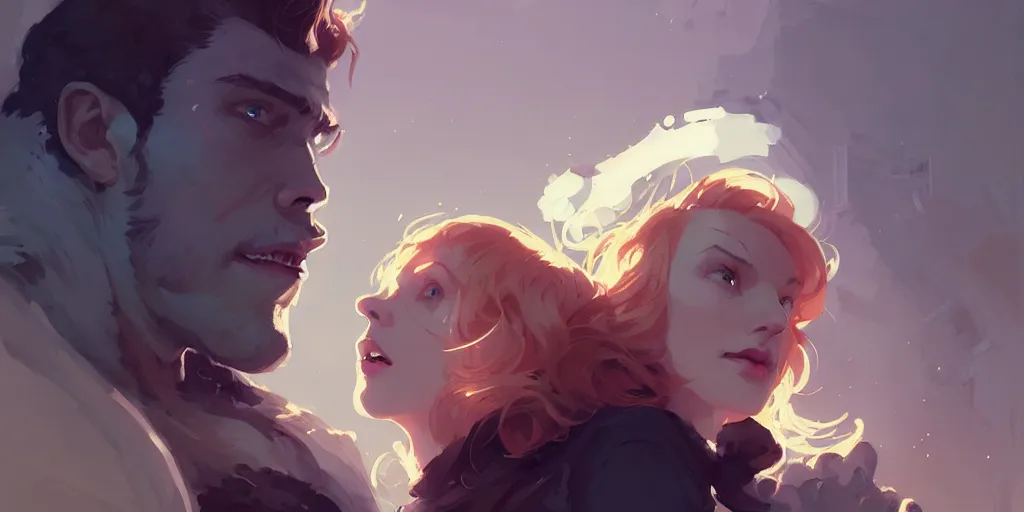 Image similar to portrait of cullen with a beautiful ginger woman he loves by atey ghailan, by greg rutkowski, by greg tocchini, by james gilleard, by joe fenton, by kaethe butcher, dynamic lighting, gradient light blue, brown, blonde cream and white color scheme, grunge aesthetic