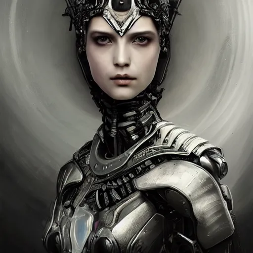 Image similar to ultra realist soft painting of a single attractive cyborg female sillicon cyborg skin armored, with thin lustrous long hair floating, photorealistic eyes render, looking at camera, curiosities carnival, symmetry accurate features, very intricate details, focus, dark fantasy background, black and white, curvy, artstyle Tom Bagshaw