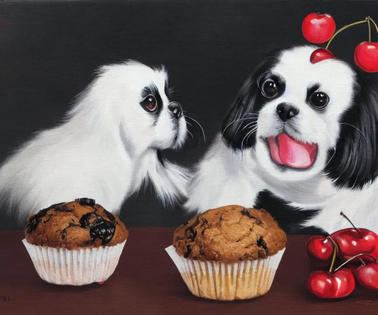 Image similar to white and black japanese chin dog eating cherry muffins, oil painting