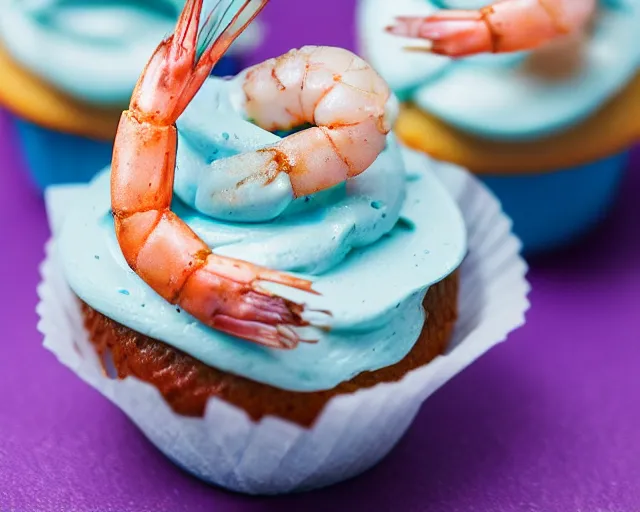 Image similar to dslr food photograph of a cupcake with blue frosting and a shrimp on top, close up, 5 0 mm f 1. 4
