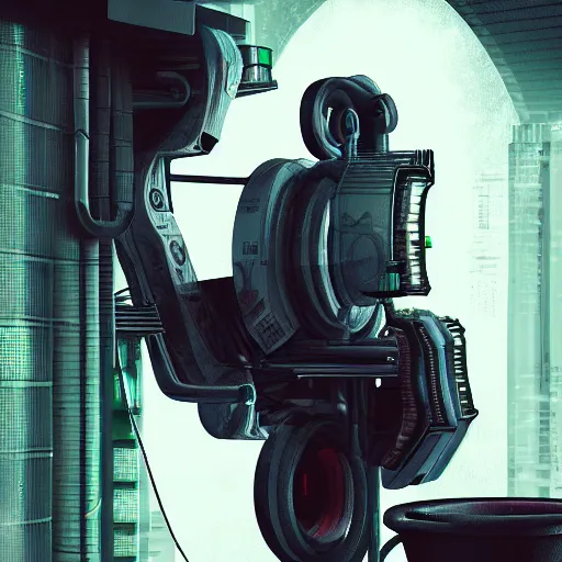 Prompt: a washing machine becoming sentient and rebelling against humanity, cyberpunk, digital art, high detail