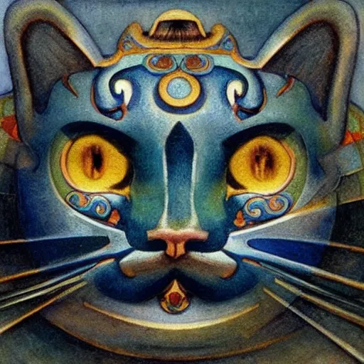 Image similar to masterpiece mechanical cloisonne cat head sculpture, by annie swynnerton and diego rivera and nicholas roerich and jean delville and charlie bowater, spacecat, symbolist, dramatic lighting, god rays, art brut, rich colors, smooth, sharp focus, extremely detailed, adolf wolfli and ( donato giancola and bilibin )